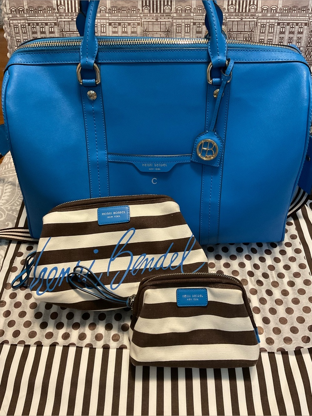 Henri Bendel Turquoise Weekender Duffle MONOGRAMMED “C” with 2 Zippered Bags